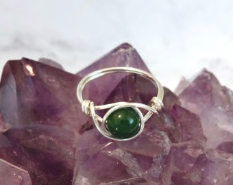 green jade ring, jade wire ring, wire wrapped ring, green stone ring, silver ring, gemstone wire ring, stone ring, statement wire ring, cute