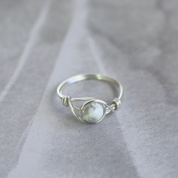 Howlite ring, custom wire ring, silver ring, wire wrapped ring, simple stone ring, gemstone ring, howlite gemstone ring, white gemstone ring