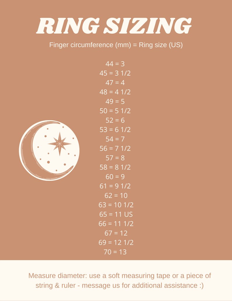 May include: A chart with a crescent moon and star graphic shows ring sizes in US sizes and corresponding finger circumference in millimeters. The text reads "RING SIZING" and "Finger circumference (mm) = Ring size (US)". The chart lists ring sizes from 3 to 13, with corresponding finger circumference measurements in millimeters.