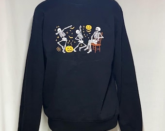 Embroidered Dancing Skeleton Crew Neck