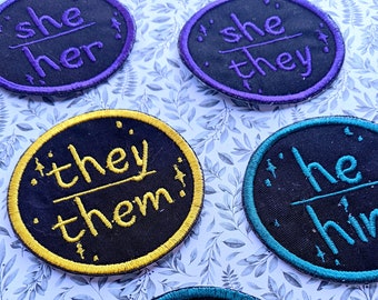 Pronoun embroidered patches