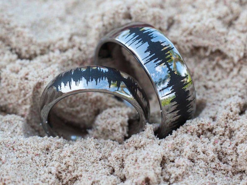 Soundwave Tungsten Rings Couples Matching Bands Waveform Jewelry Silver, Gold, or Rose Gold Tungsten Color Great Promise or Wedding Rings image 1