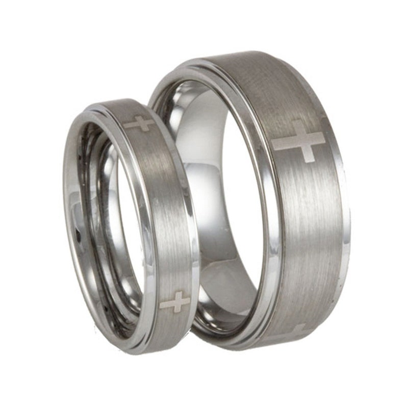Couples Matching Christian Cross Bands Tungsten Stepped Edge Etsy