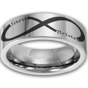 8MM Wide Custom Infinity Symbol Tungsten Ring w/ Two Name Couples Band Mens or Womens Promise Ring
