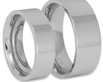 His and Hers Pipe Cut Stainless Steel Wedding Ring Set Custom Engraved Flat Couples Promise Bands Mens and Womens Set