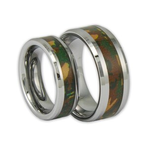 Couples Woodland Camo Tungsten Ring Set His and Hers Promise Bands with Engraving
