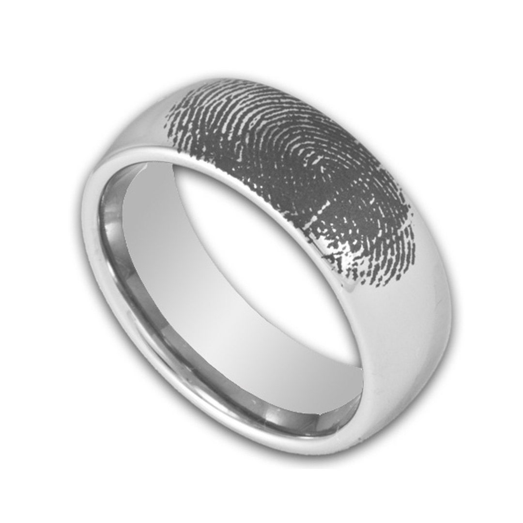 Mens 8MM Wide Tungsten Wedding Ring Engraved Fingerprint Promise Band