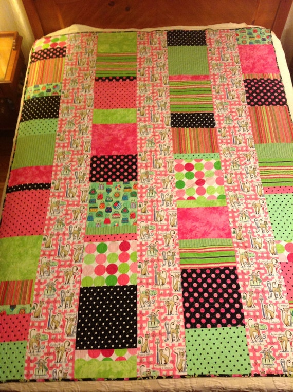 Hot Pink, Lime Green and Cats Quilt Throw