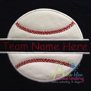May include: White baseball with red stitching and a black banner with the text "Team Name Here" in red stitching.