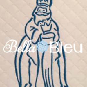 Puede incluir: Un dibujo de línea azul de un rey con una corona y una túnica. El rey sostiene un bastón en su mano derecha.