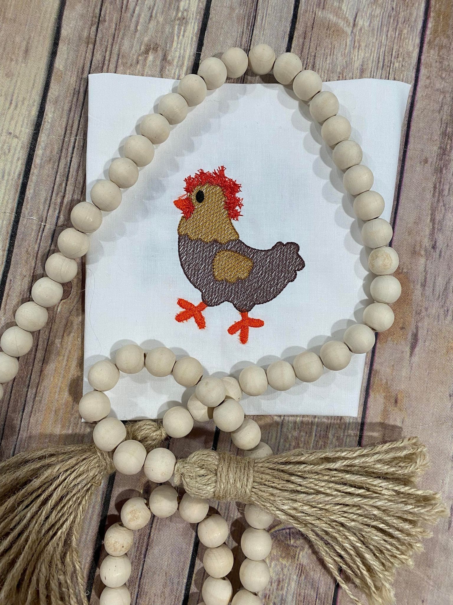 鶏の刺繍デザイン、スケッチ風の鶏の刺繍、フェイクシェニールファーム