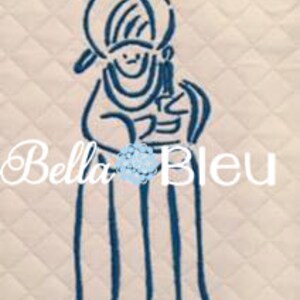 May include: Blue embroidered design of a person holding a baby, with the text "Bella Bleu" below.