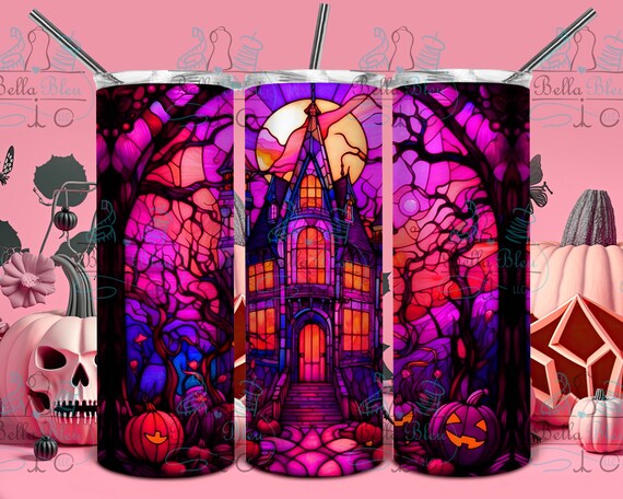 ハロウィンの怖い家タンブラー昇華プリントファイル、ステンドグラスの