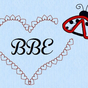 May include: A red and black ladybug with white spots is on a blue background with a red heart made of small hearts. The heart has the letters "BBE" in black inside.