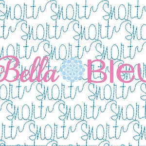 May include: A pink and blue embroidery design with the text "Bella Bleu" and a blue floral design.