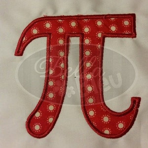 May include: Red and white fabric applique of the Greek letter Pi. The fabric has a white polka dot pattern on a red background.