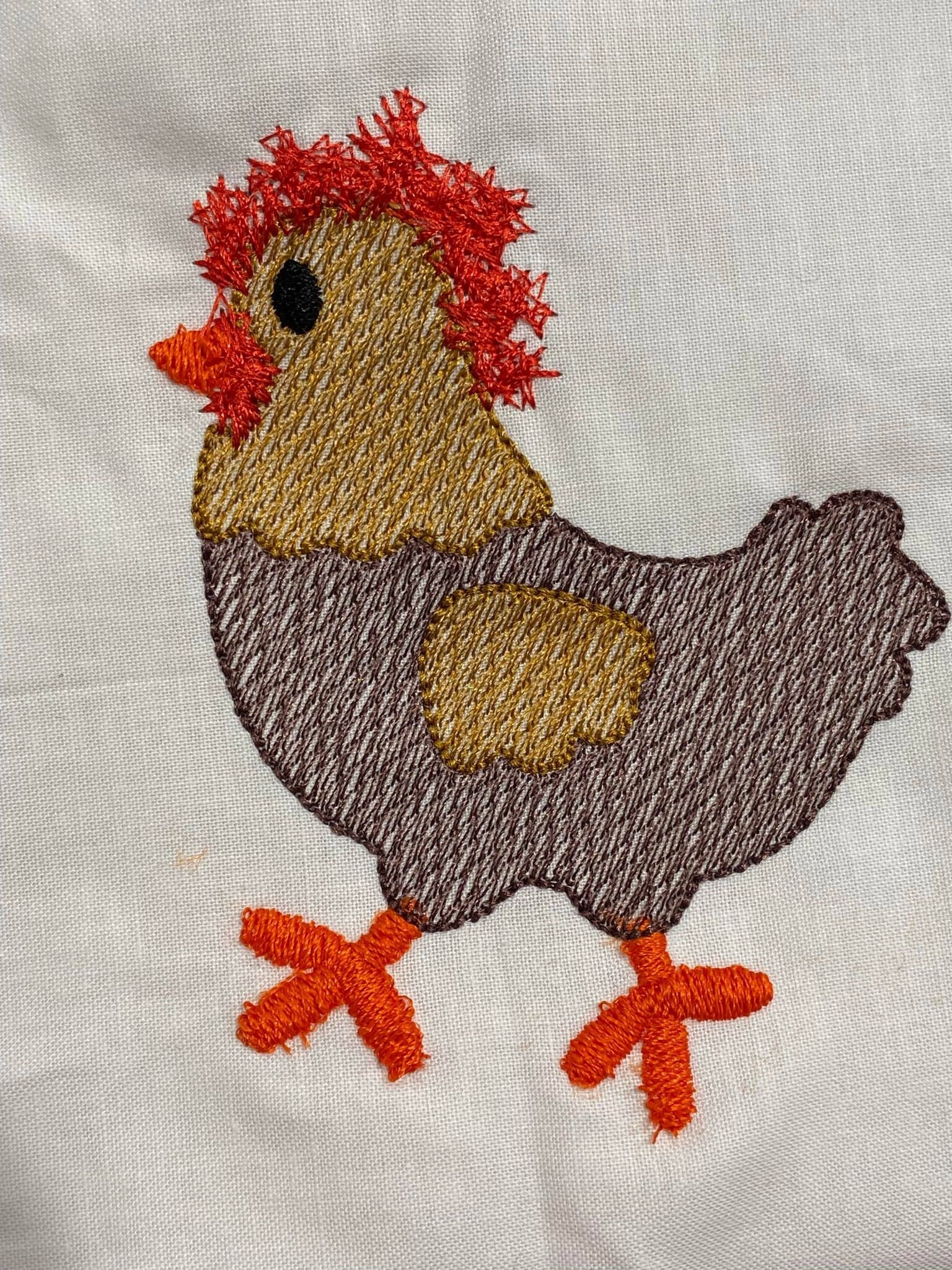 鶏の刺繍デザイン、スケッチ風の鶏の刺繍、フェイクシェニールファーム