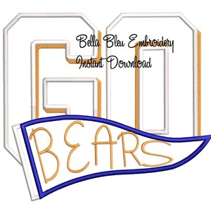 May include: An embroidered design featuring the number "60" in white with gold accents, and a banner that reads "BEARS" in gold lettering, outlined in blue. The text "Bella Bleu Embroidery Instant Download" is also present.