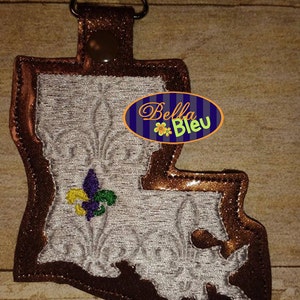 ITH in the hoop Fleur de lis filled Lousianna State Key Luggage Tag Fob Keychain  machine embroidery Instant download