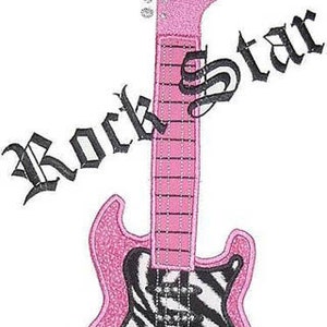 May include: Pink electric guitar with a zebra print design and the text "Rockstar" in black.