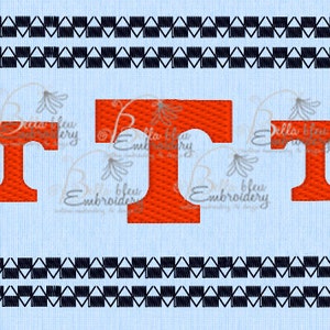 May include: Three orange 'T' letters on a light blue background with a black and white geometric pattern at the top and bottom.