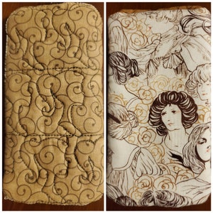May include: Two fabric swatches with a brown and gold pattern. One swatch features a swirling pattern, while the other features a pattern of women's faces.