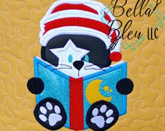 Reading Pillow Quote, Reading Pillow Embroidery design, Reading Kitty Cat with book and night cap on Machine Embroidery Applique Design