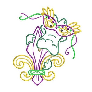 Könnte beinhalten: Ein gesticktes Design mit einem Alligator, der eine Mardi Gras-Maske und eine Fleur-de-lis trägt, in Lila, Grün und Gold.