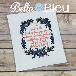 May include: A white background with a floral wreath surrounding a quote from Galatians 5:22-23. The quote reads "The fruit of the Spirit is love, joy, peace, patience, kindness, goodness, faithfulness, gentleness and self control. Galatians 5:22-23".
