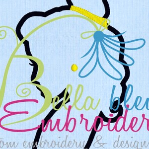 May include: An embroidery design featuring a black outline of a silhouette with a yellow headband and a blue flower. The text "Bella Embroidery" is in pink and green cursive, with additional text below.