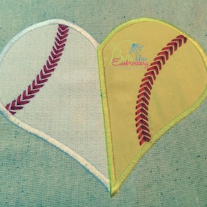 May include: A heart-shaped design made of two baseballs, one white and one yellow, with red stitching. The design is perfect for a baseball fan.