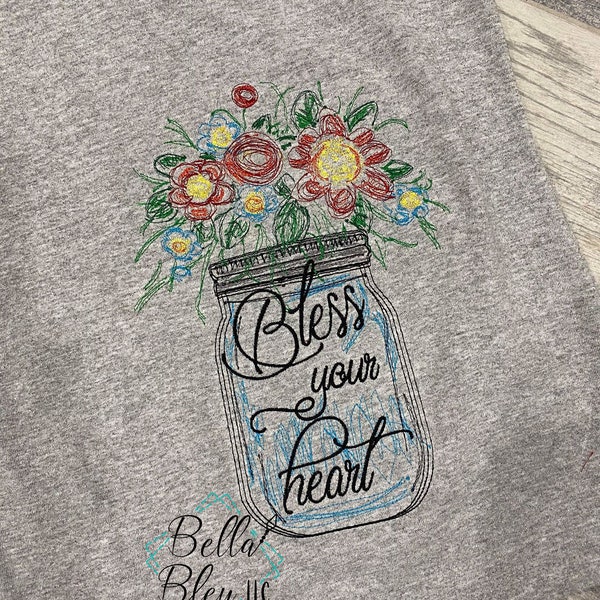 Sketchy Embroidery Design - Bless Your Heart Floral design - Southern Saying - Instant Download - Machine Embroidery Design