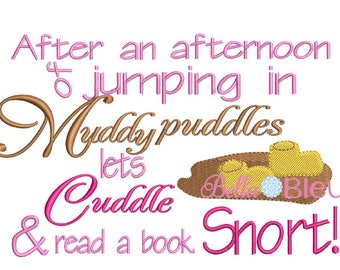 Reading Pillow Quote, Reading Pillow Embroidery design, Jumping in Muddy Puddles Saying for Reading pillows, Inspired Pig Peppa Rain boots