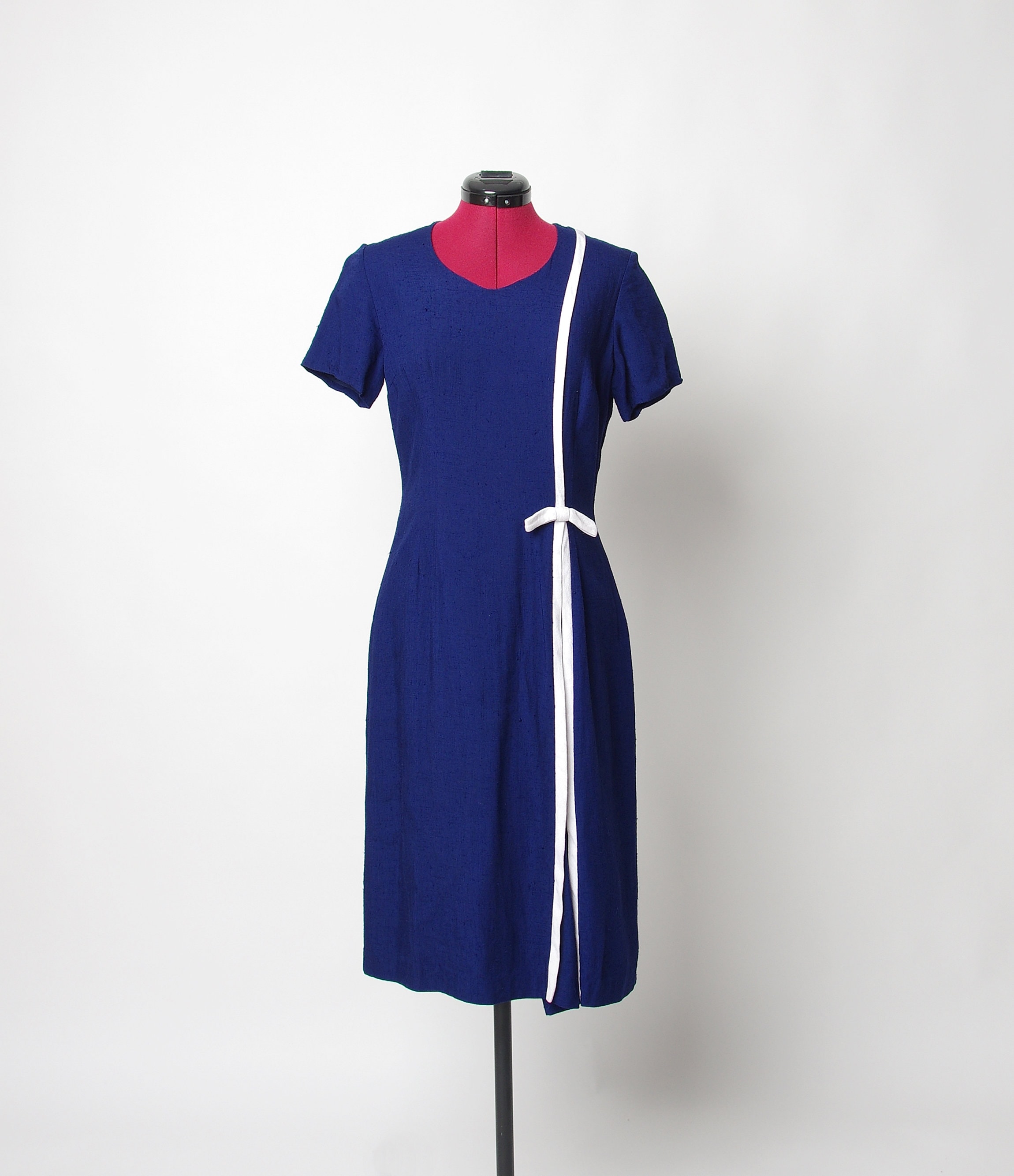 1950 60s Nautical Style Kick Pleat Dress Navy Cotton Linen