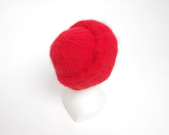 1980s Angora blend winter beanie, Red chunky wide… - image 7