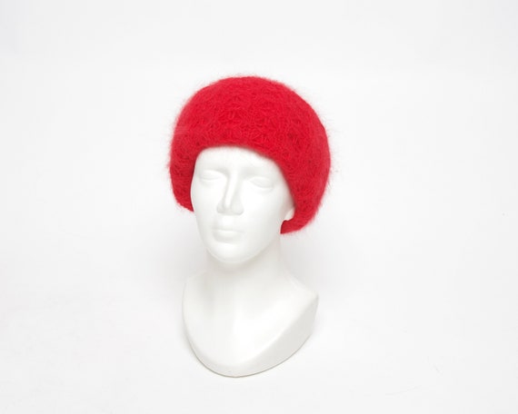 1980s Angora blend winter beanie, Red chunky wide… - image 3