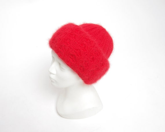 1980s Angora blend winter beanie, Red chunky wide… - image 1