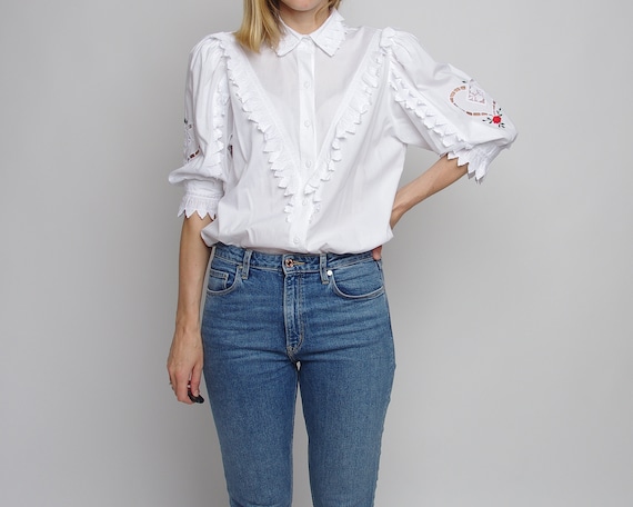 80s Tyrolean puff sleeve blouse, Vintage Giesswein