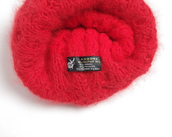 1980s Angora blend winter beanie, Red chunky wide… - image 9