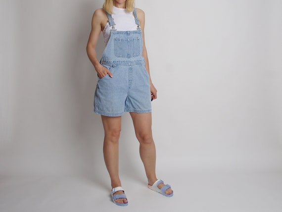 Y2K light wash denim overalls, Women cotton short… - image 3