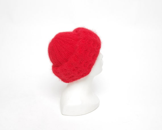 1980s Angora blend winter beanie, Red chunky wide… - image 5