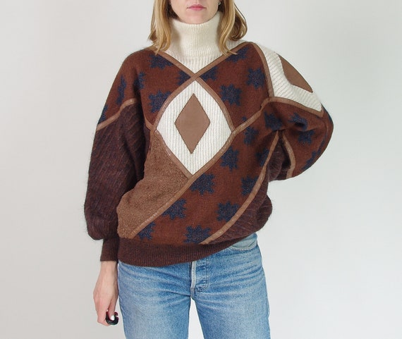 80s Patchwork Mohair Sweater, Vintage Super Kid Mo
