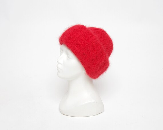 1980s Angora blend winter beanie, Red chunky wide… - image 2