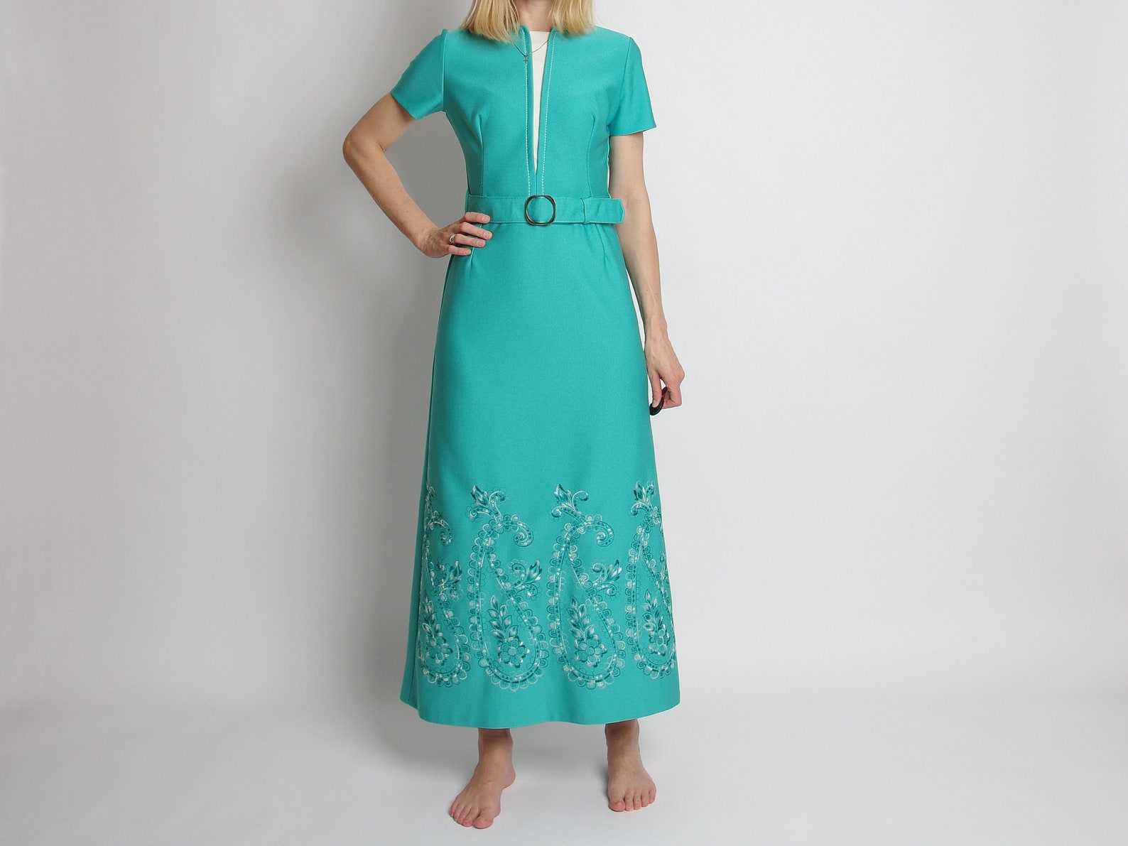 1970s Lerose Maxi Column Dress Hippie Teal Embroidered Dress Etsy