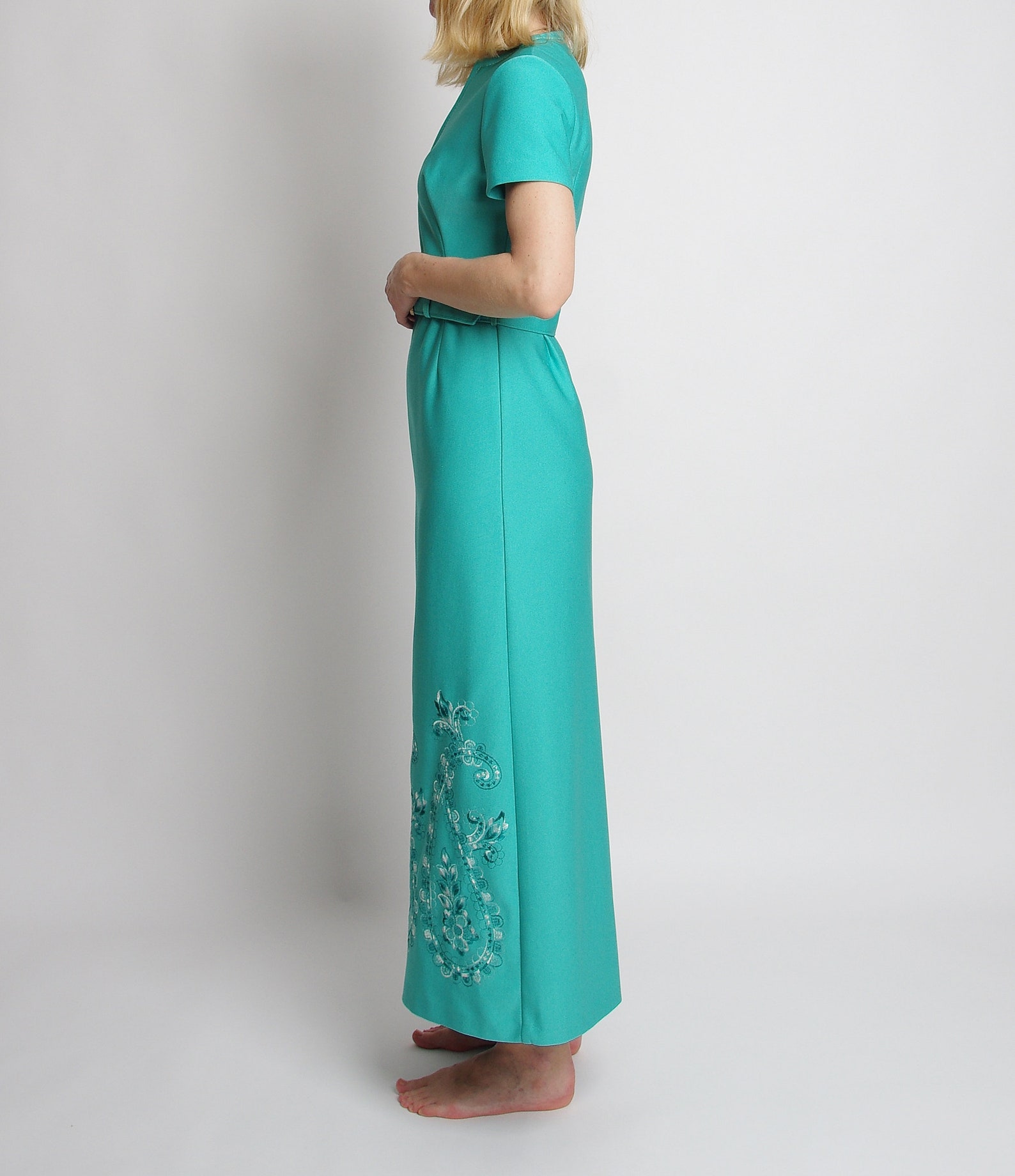 1970s Lerose Maxi Column Dress Hippie Teal Embroidered Dress Etsy