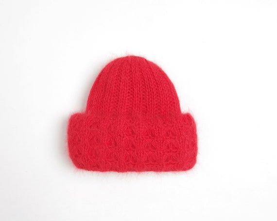 1980s Angora blend winter beanie, Red chunky wide… - image 8