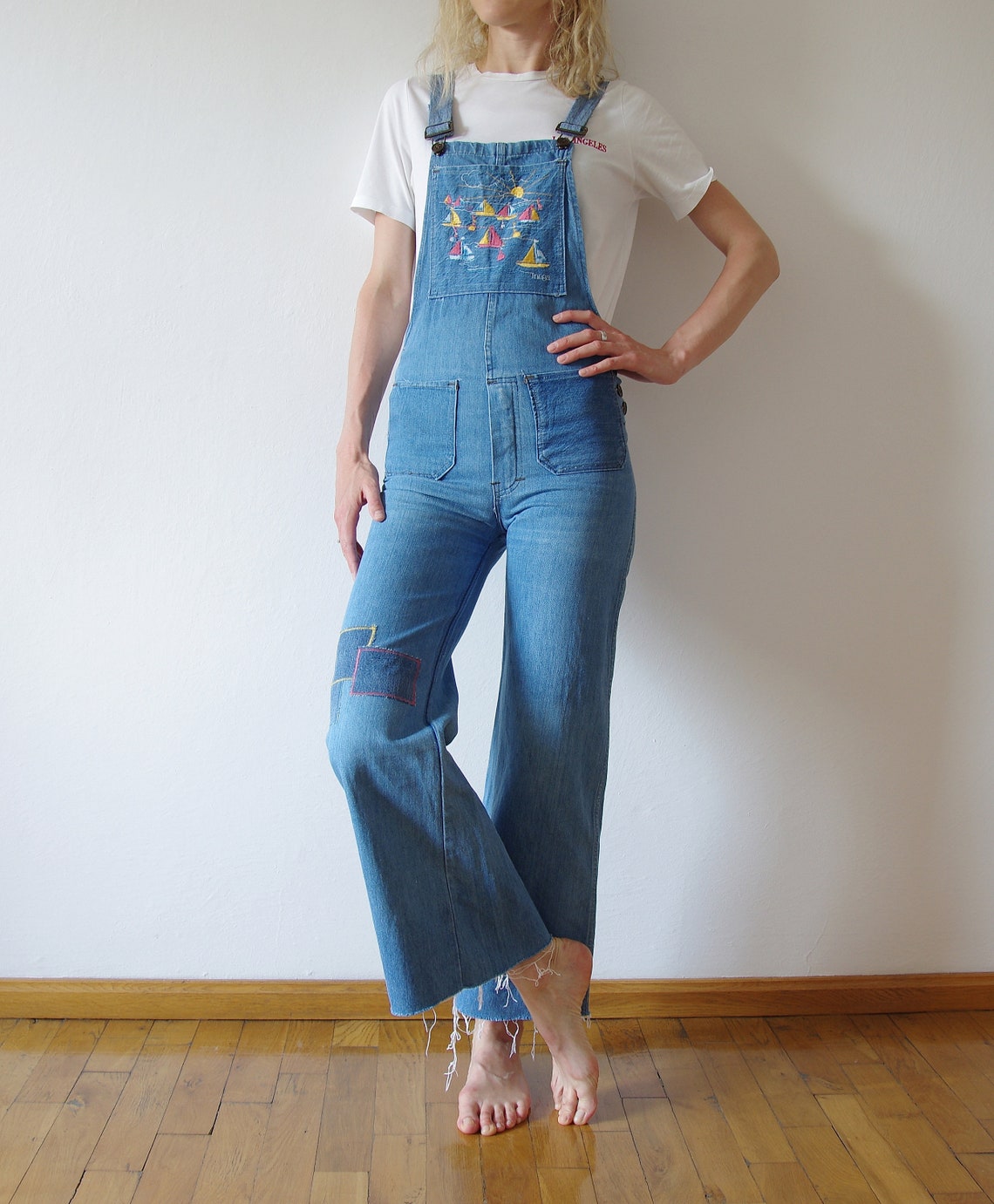 70s Flared denim overalls Sailboats embroidered dungarees by Etsy