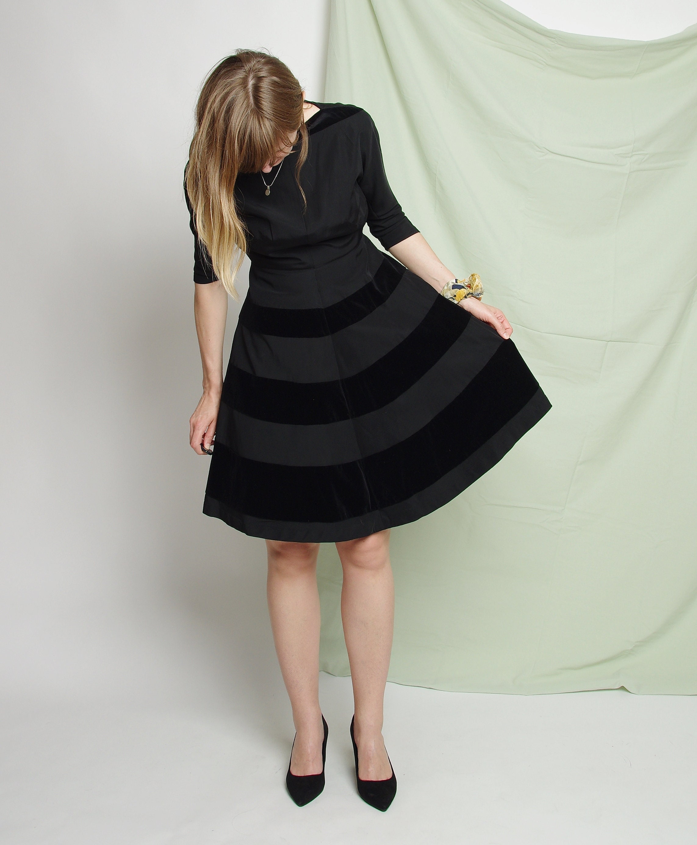 1950s Style Black Boat Neck Dress, Handmade Horizontal Velvet