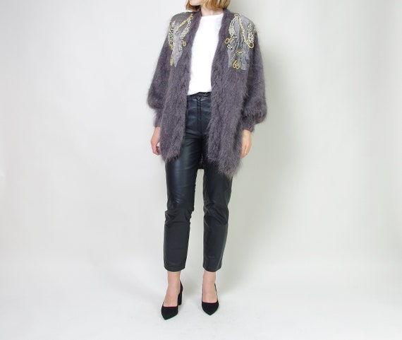 80s Fluffy Mohair Cardigan, Vintage Power Shoulder