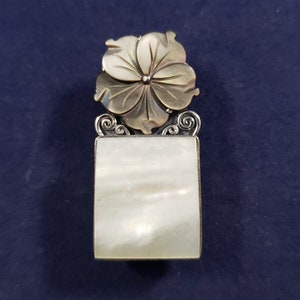 Flower w/ Panel Mother of Pearl & Sterling Brooch Pendant Combo - Vintage
